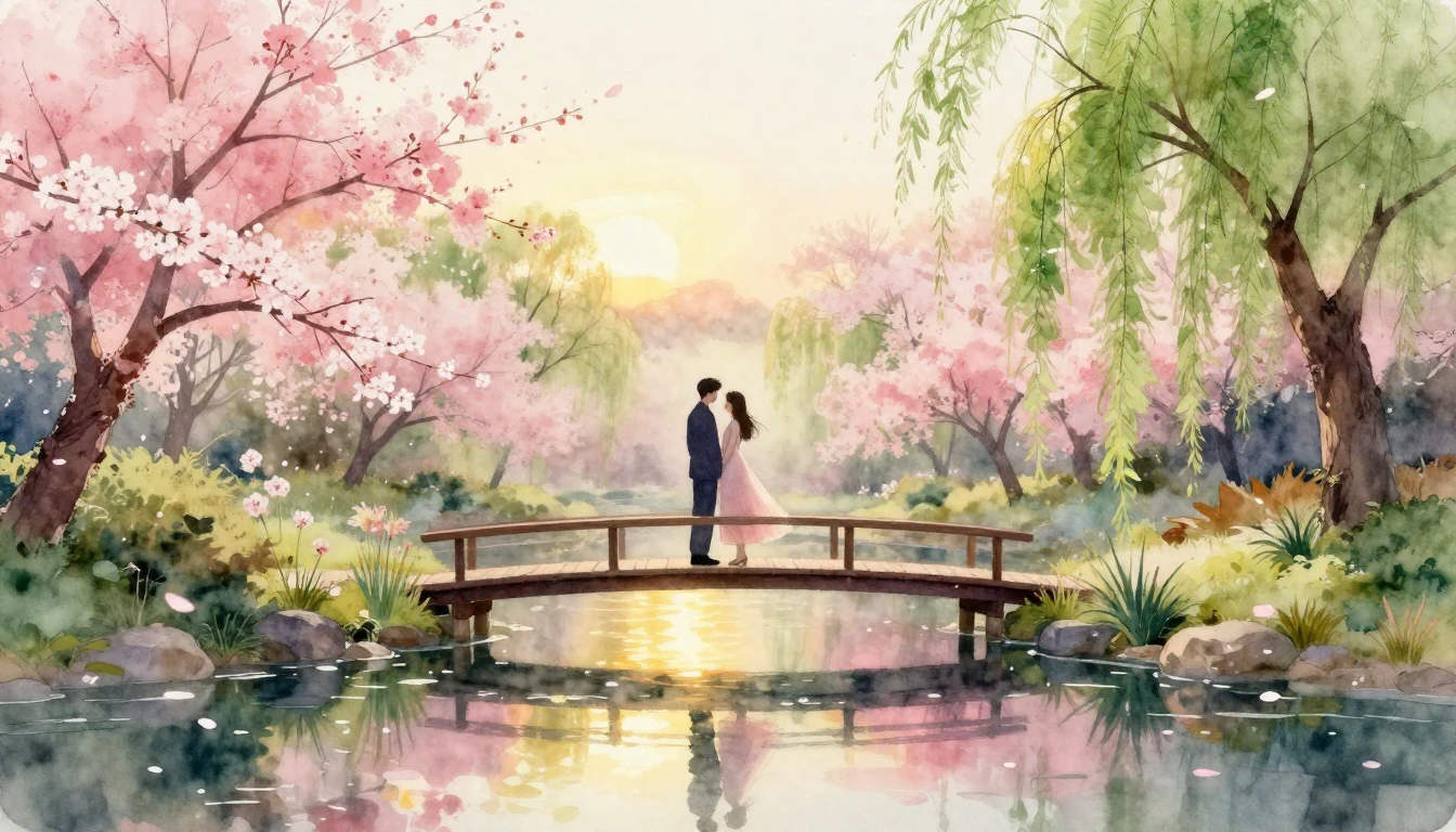 A romantic watercolor painting depicting a couple's silhouet...