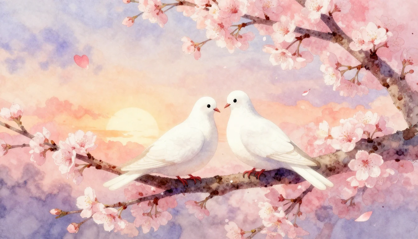 A romantic and dreamy watercolor composition featuring two s...