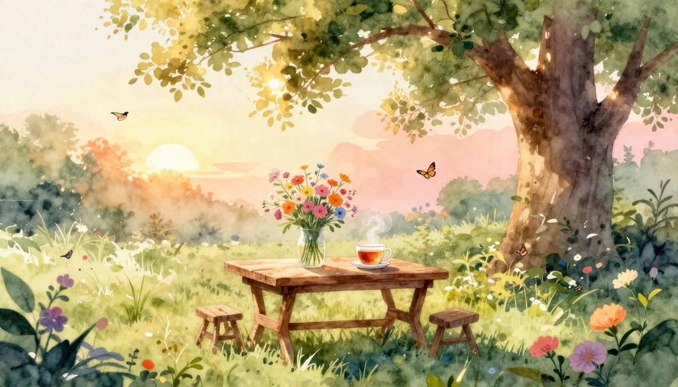 A beautiful and warm watercolor illustration of a cozy garde...