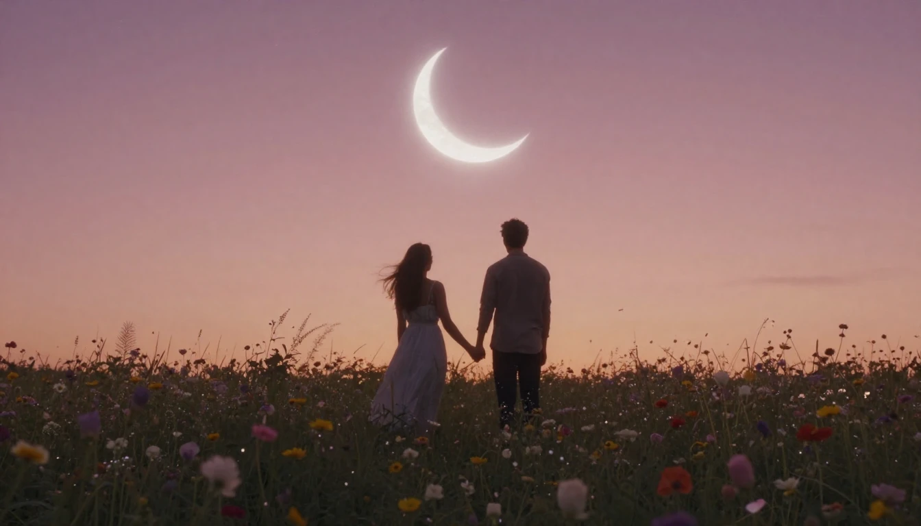 A soft and romantic scene featuring two silhouettes of a cou...