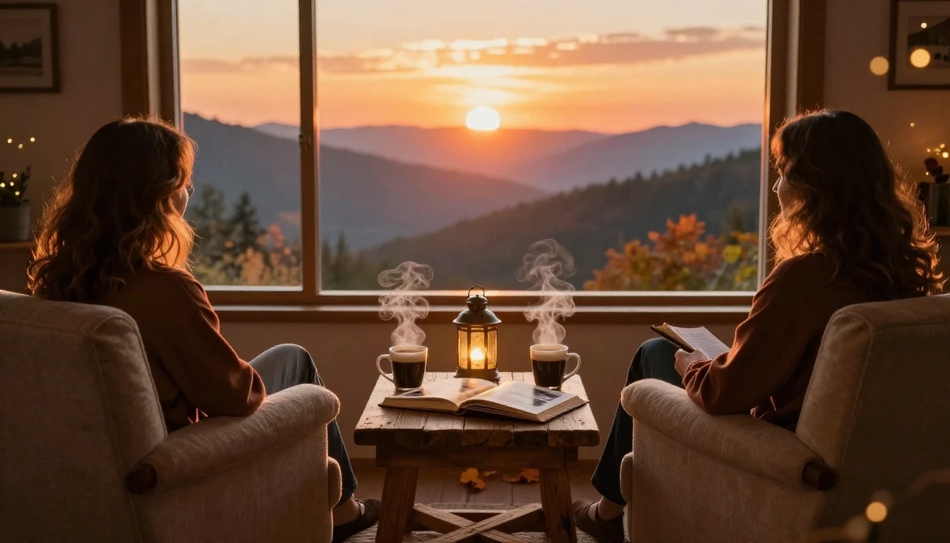 A warm and cozy scene of friendship and celebration. Two com...