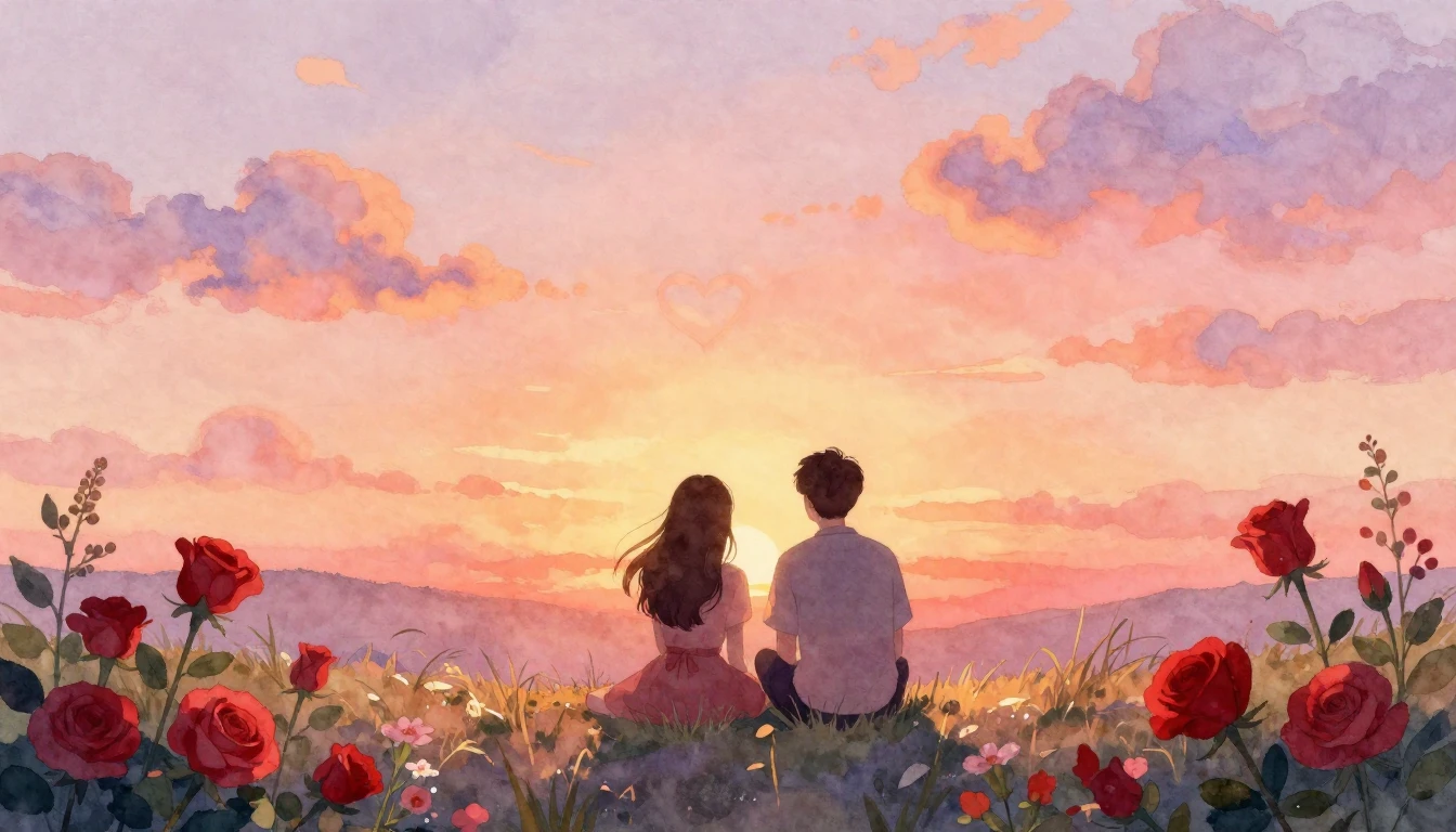 A soft and dreamy watercolor illustration depicting two silh...