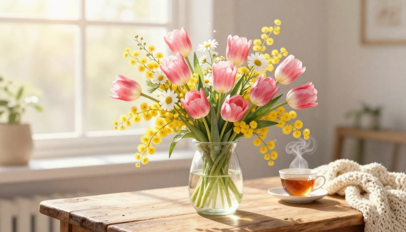 A delicate watercolor painting of a lush bouquet of spring f...