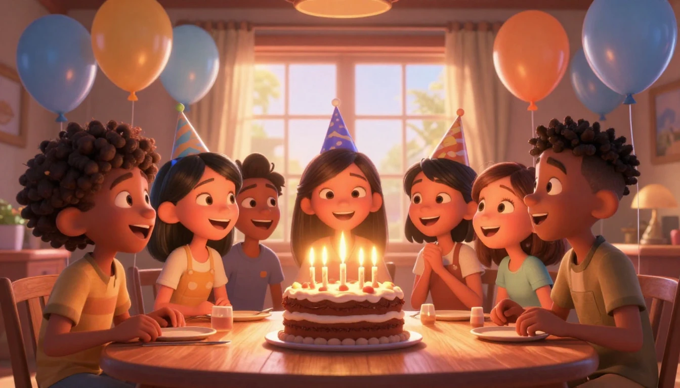 A heartwarming 3D animated scene in Pixar style showing a gr...