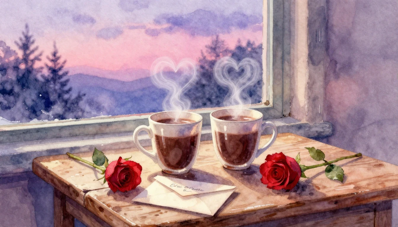 A soft, dreamy watercolor painting showing a rustic wooden t...