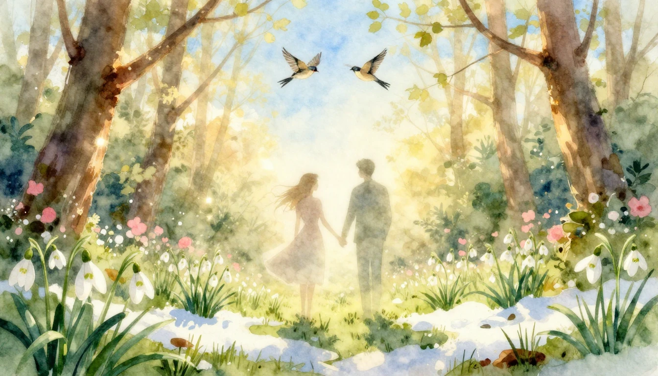 A soft and romantic watercolor painting depicting a forest a...