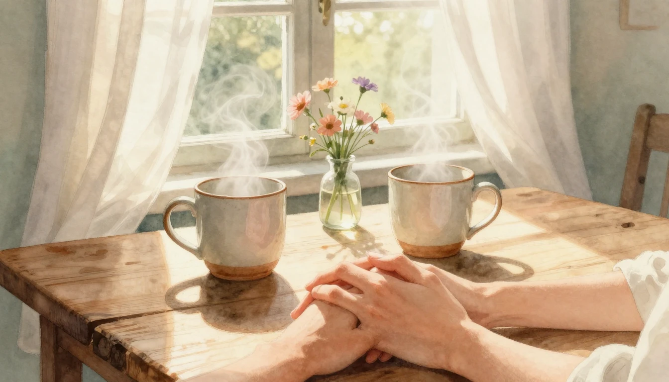 A soft and romantic watercolor painting depicting a cozy mor...