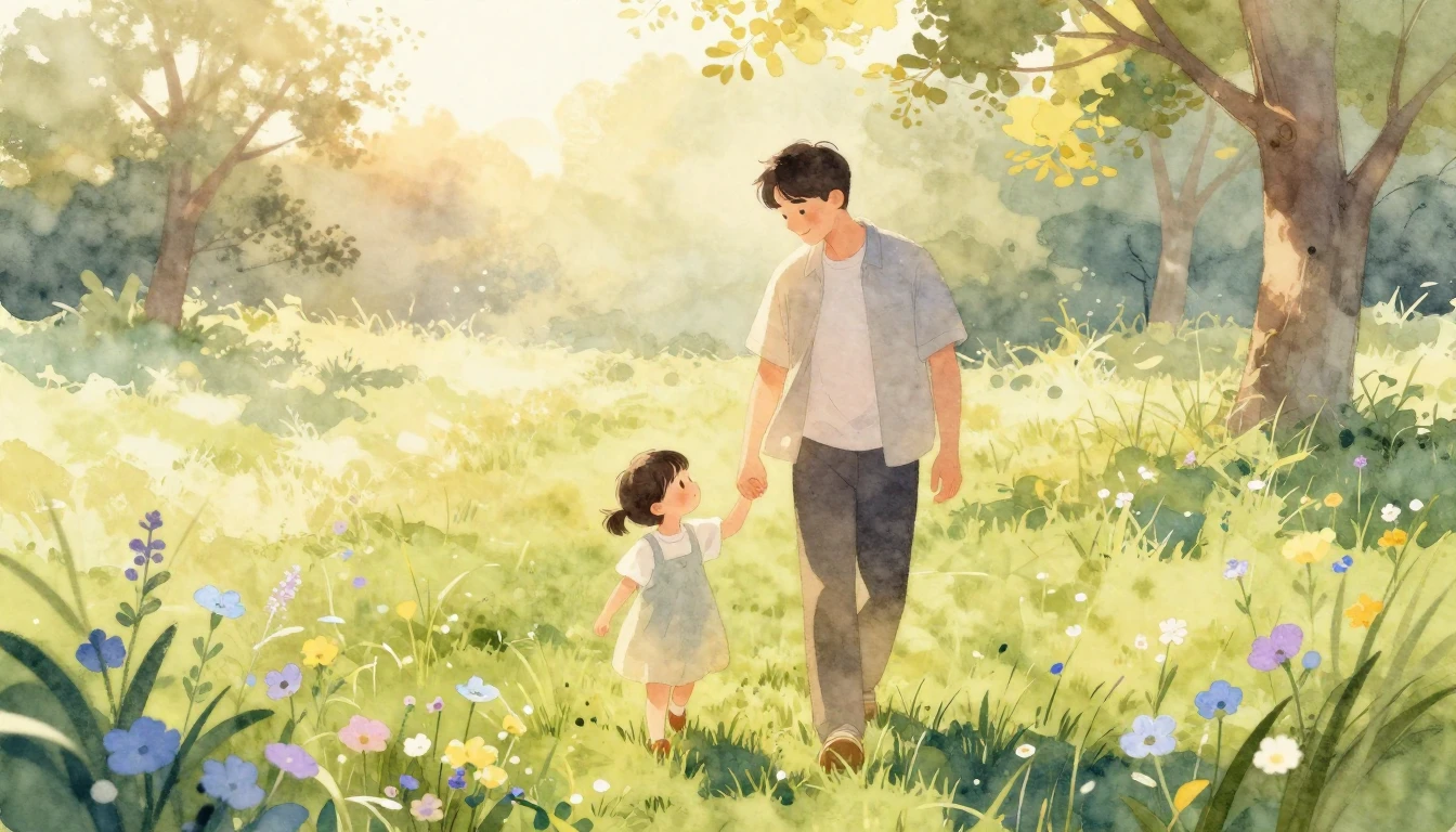 A heartwarming watercolor illustration of a father and a sma...