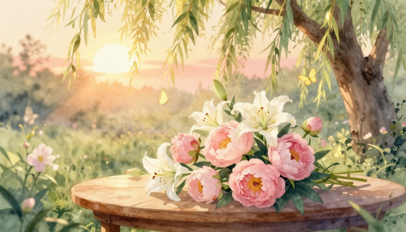 A soft and ethereal watercolor illustration of a blooming ga...