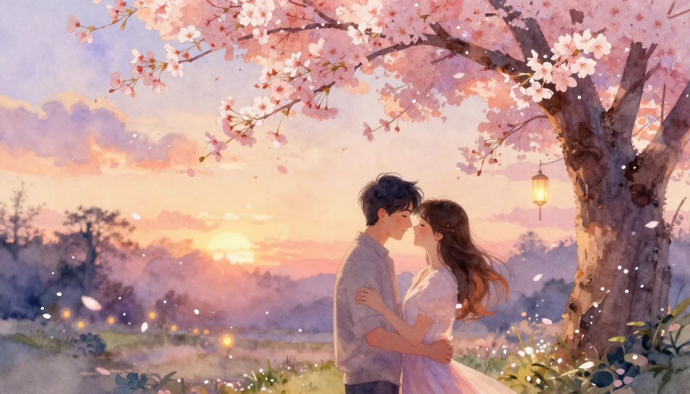 A romantic and dreamlike watercolor painting of a loving cou...
