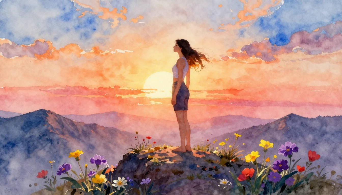 A vibrant watercolor painting of a strong, confident woman s...