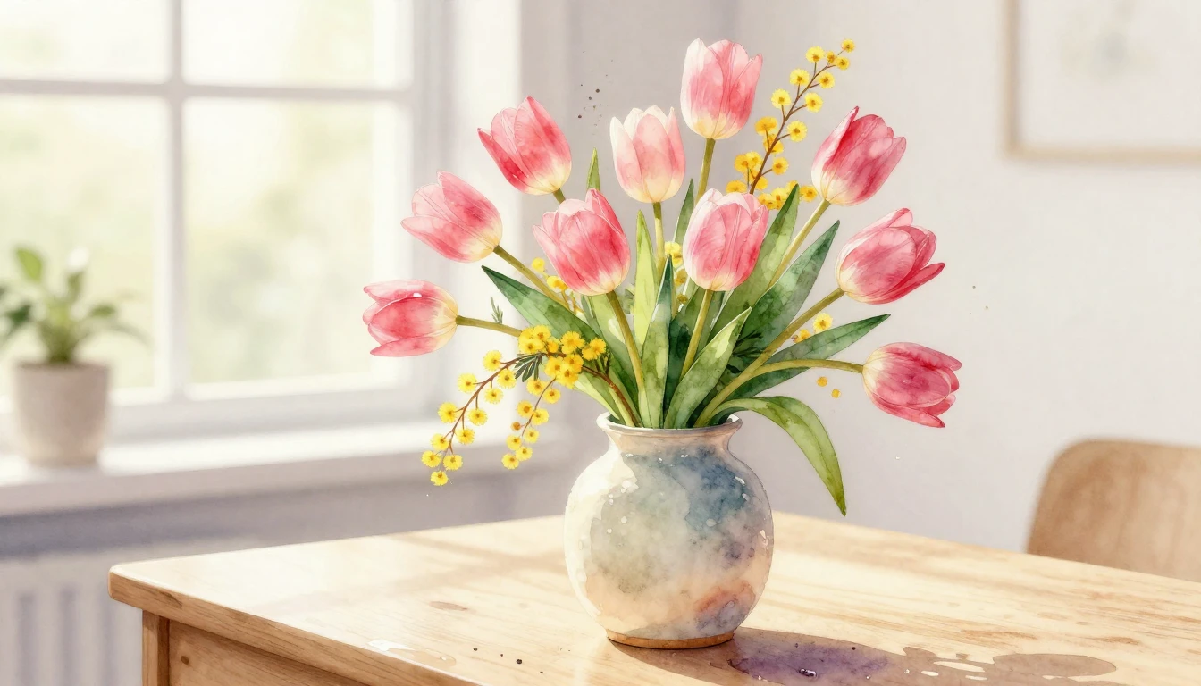 A delicate and vibrant watercolor painting of a bright sprin...