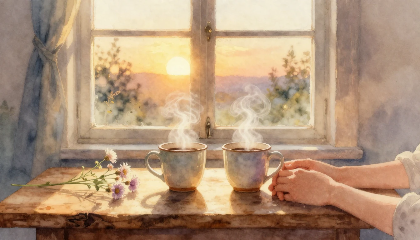 A soft and romantic watercolor painting depicting a cozy int...