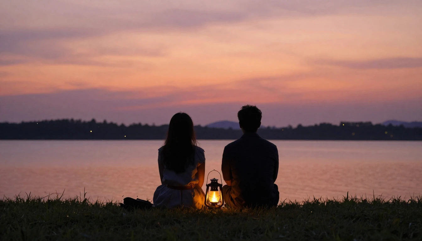Two silhouettes sitting side by side on a grassy hill overlo...