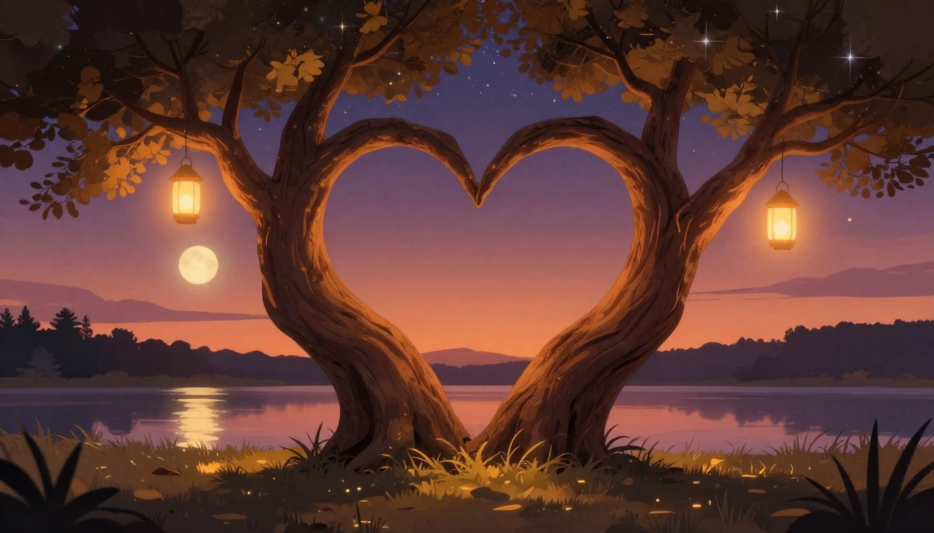 A warm and romantic illustration featuring two intertwined t...