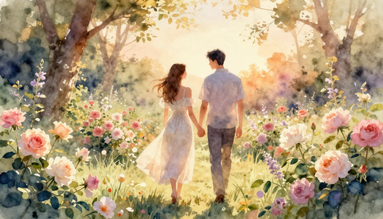 A romantic watercolor painting of a couple walking hand-in-h...