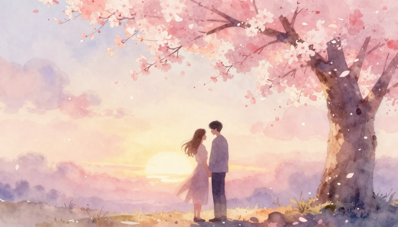 A dreamy and romantic watercolor painting of two silhouettes...