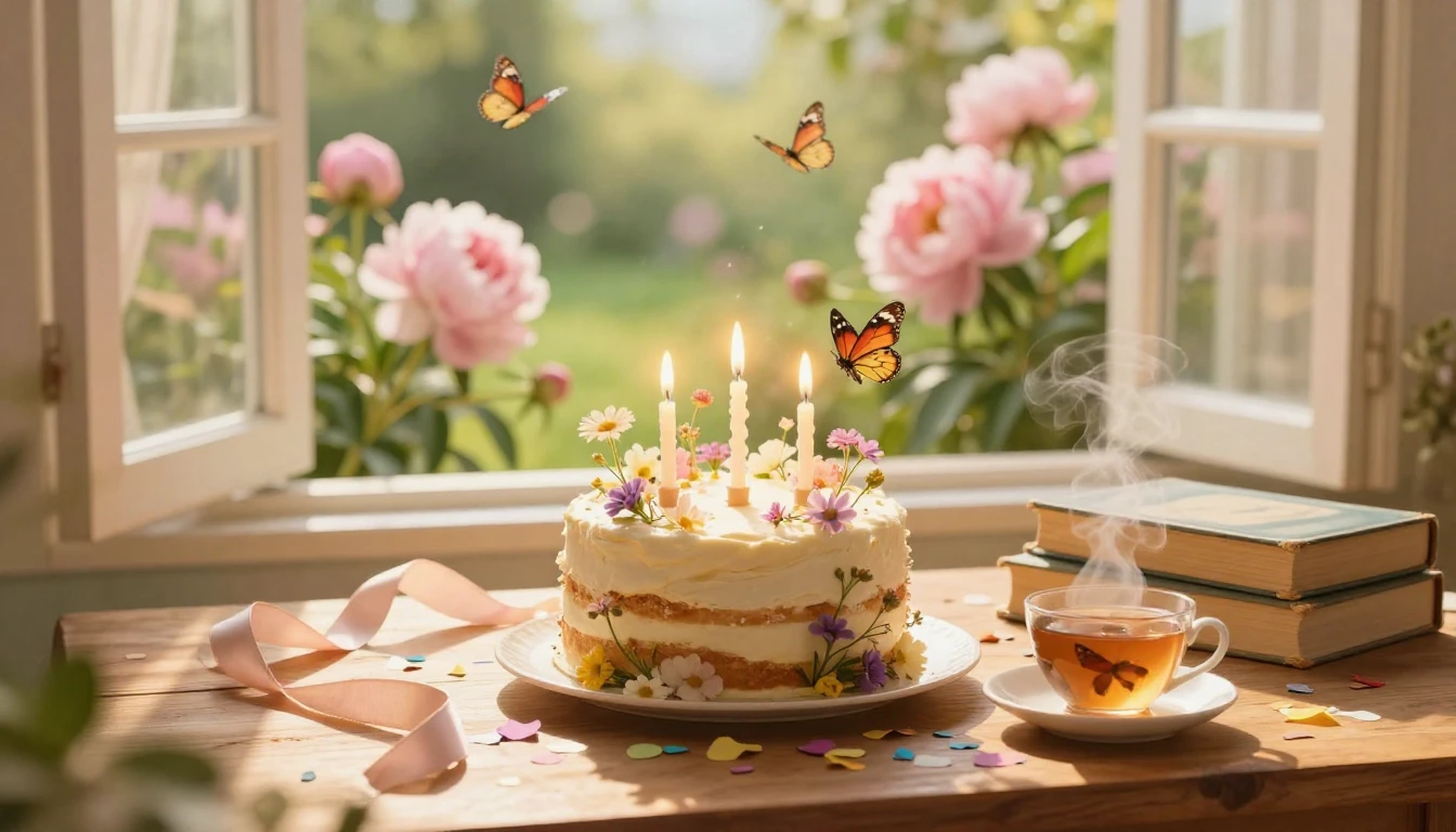 A warm and cozy birthday scene featuring a beautifully decor...