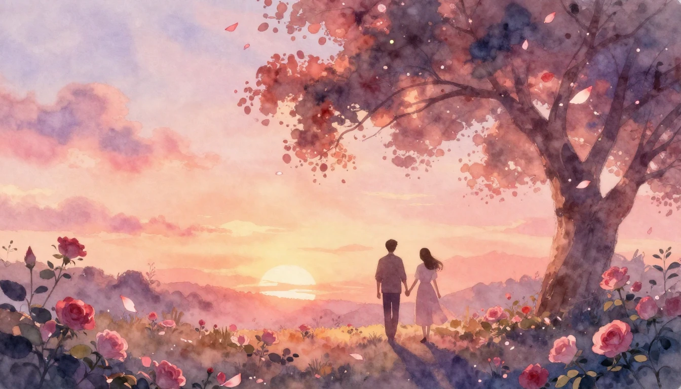 A soft and romantic watercolor scene depicting a serene land...