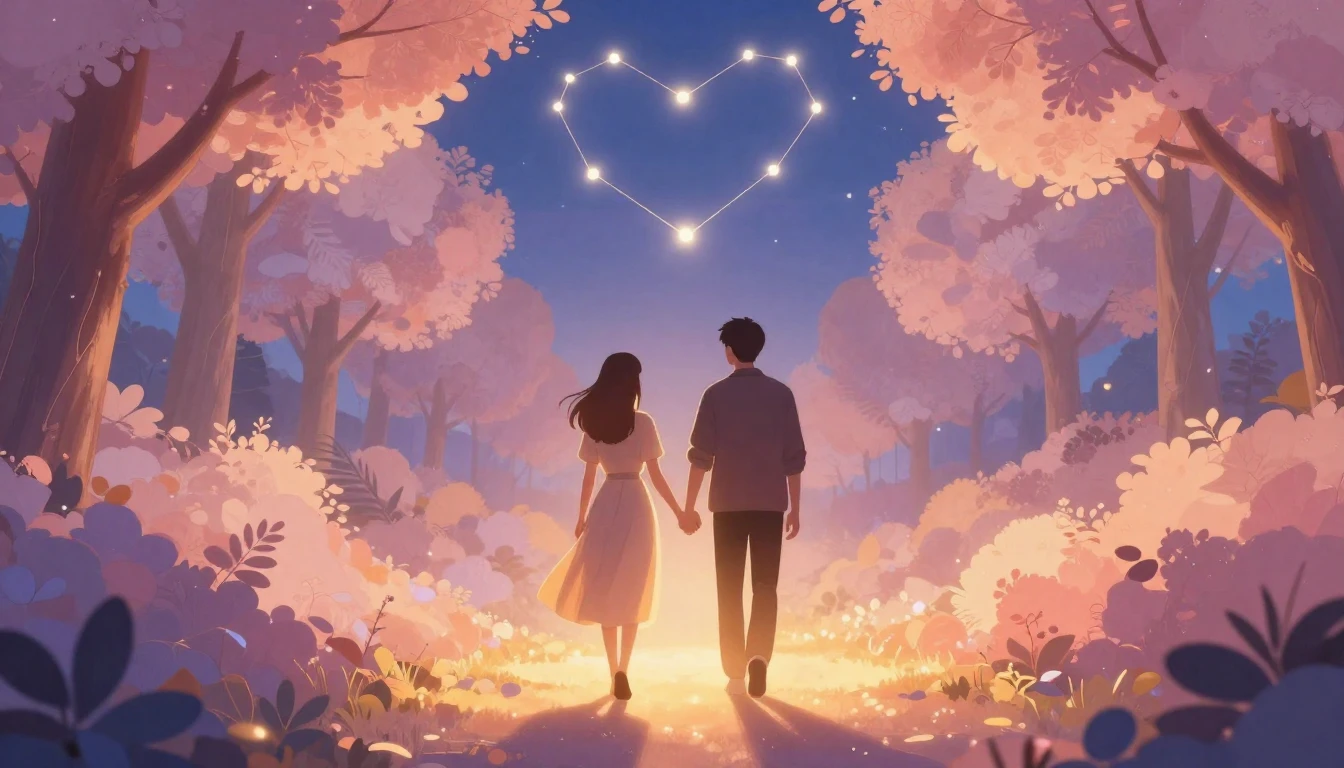 A dreamy and romantic scene featuring two silhouette figures...