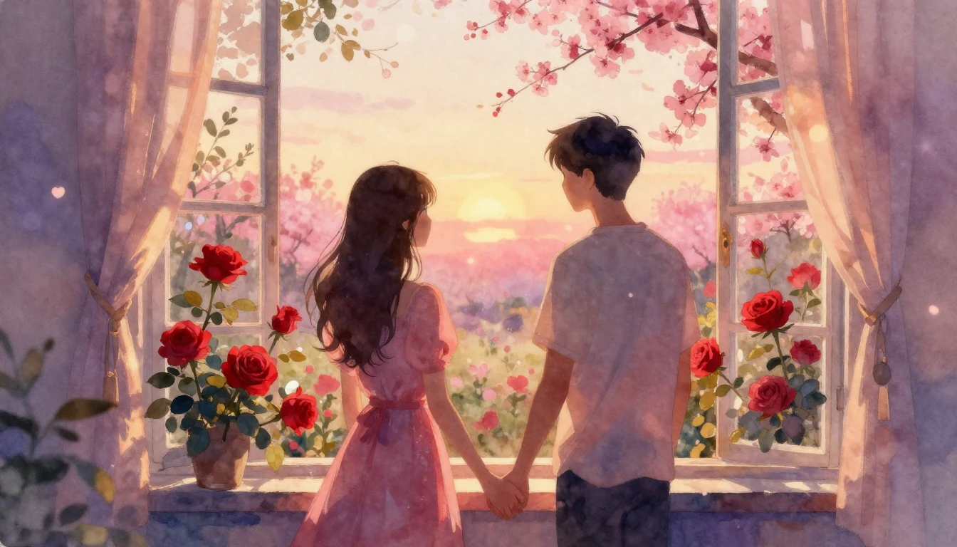 A soft and romantic watercolor painting of a cozy room durin...