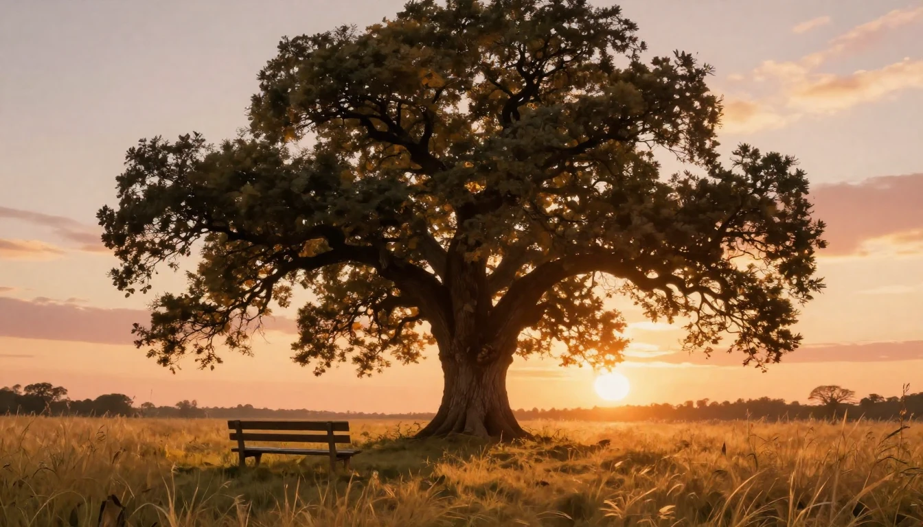 A heartwarming and nostalgic scene of a majestic, ancient oa...