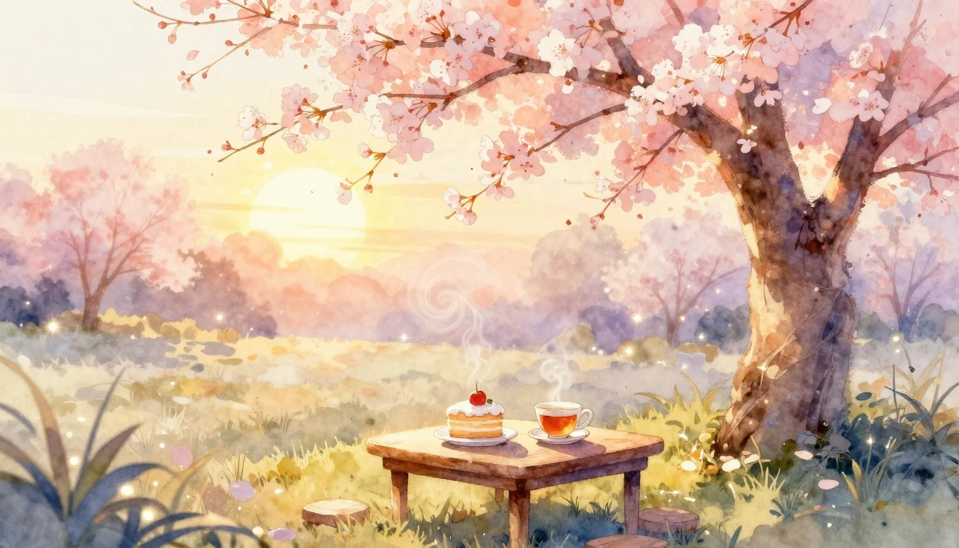 A delicate watercolor painting of a serene garden at sunset....