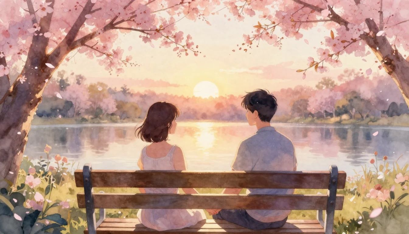 A dreamy and romantic watercolor painting of a couple sittin...