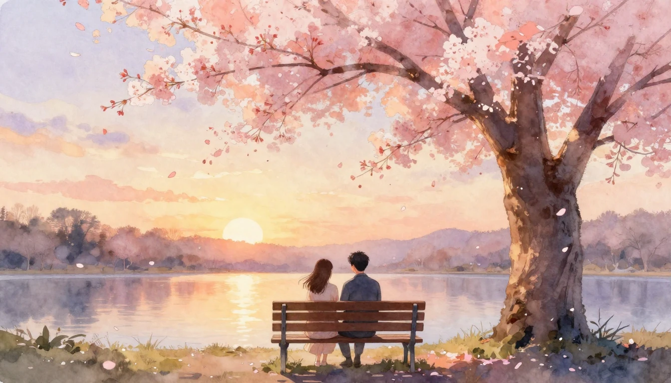 A dreamlike watercolor painting of a romantic couple sitting...