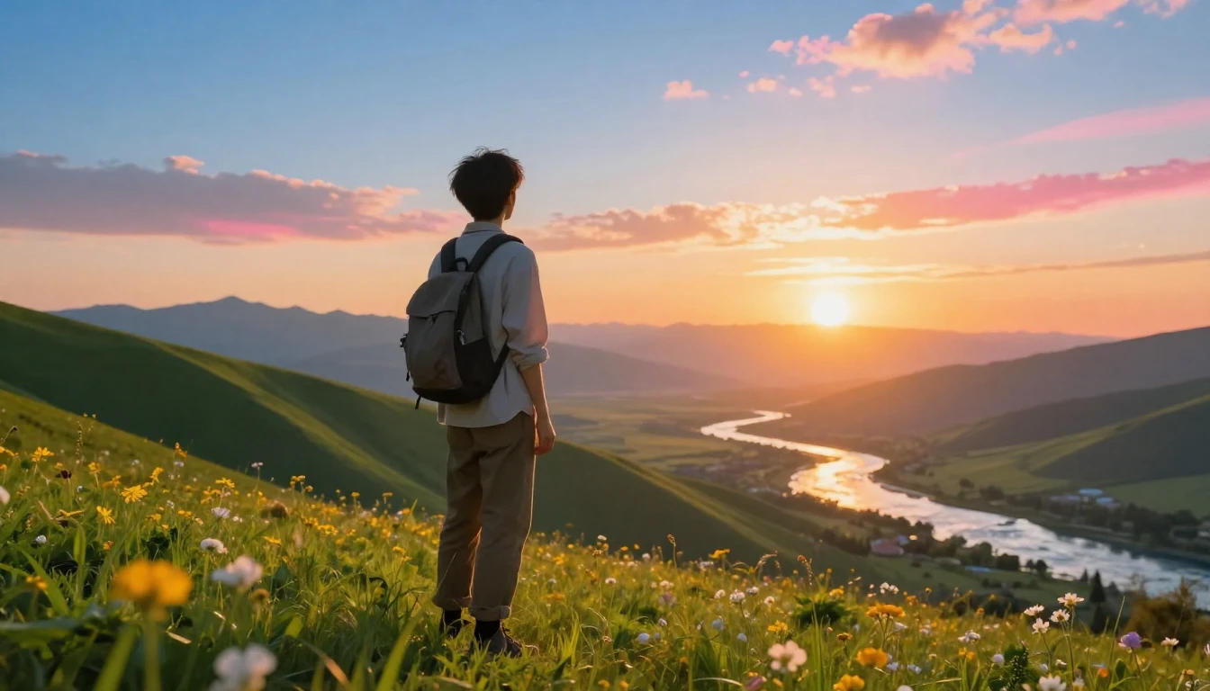 A vibrant and inspiring scene of a young person standing on ...