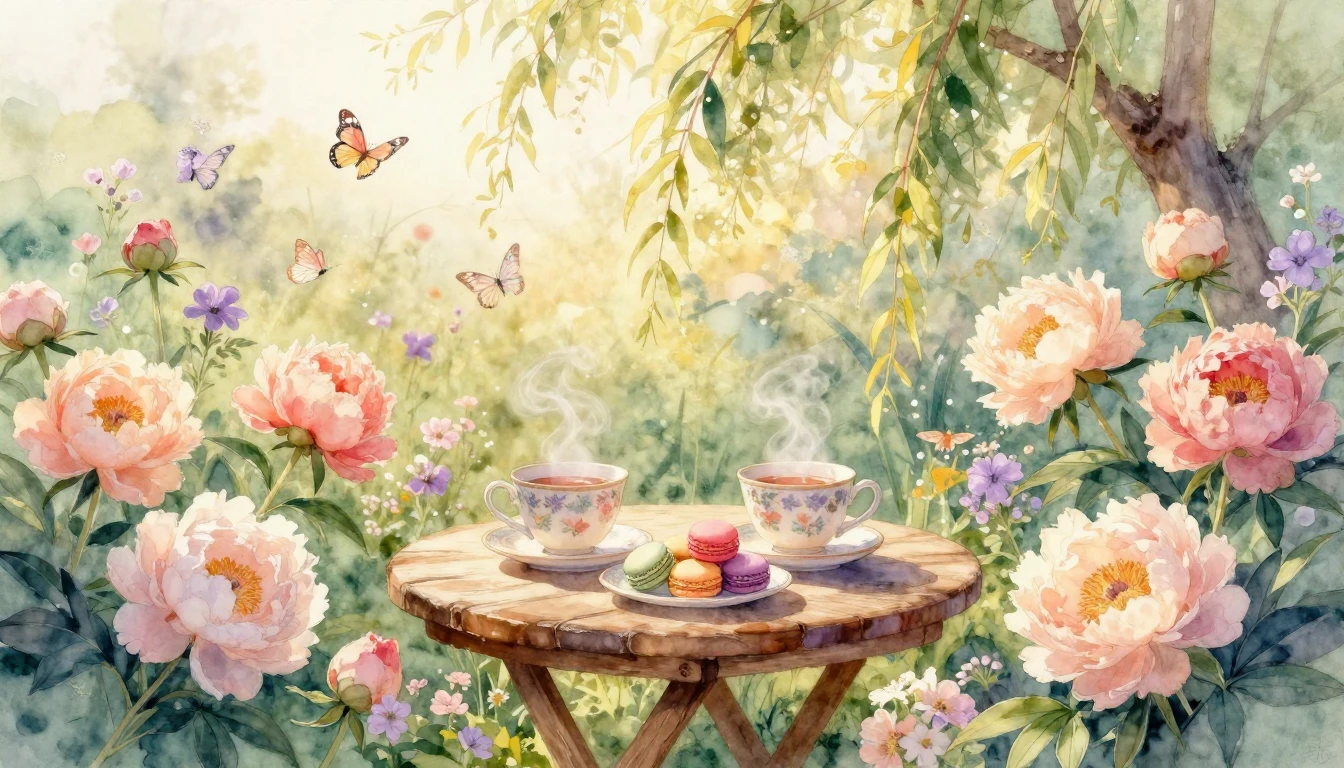 A beautiful, dreamy watercolor painting depicting a sun-dren...