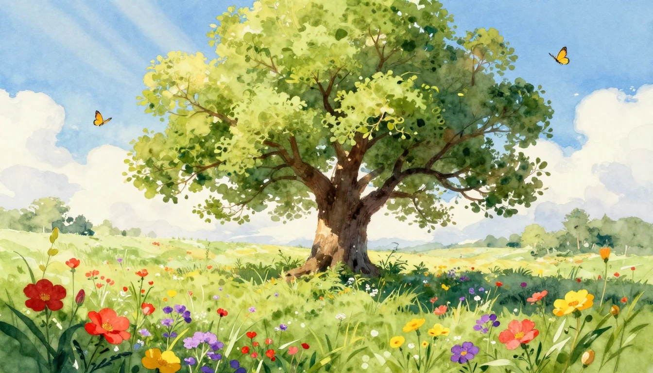 A vibrant and soft watercolor painting depicting a lush mead...