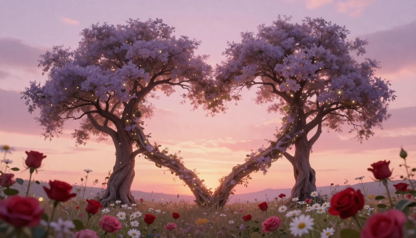 A soft and dreamy composition featuring two intertwining tre...