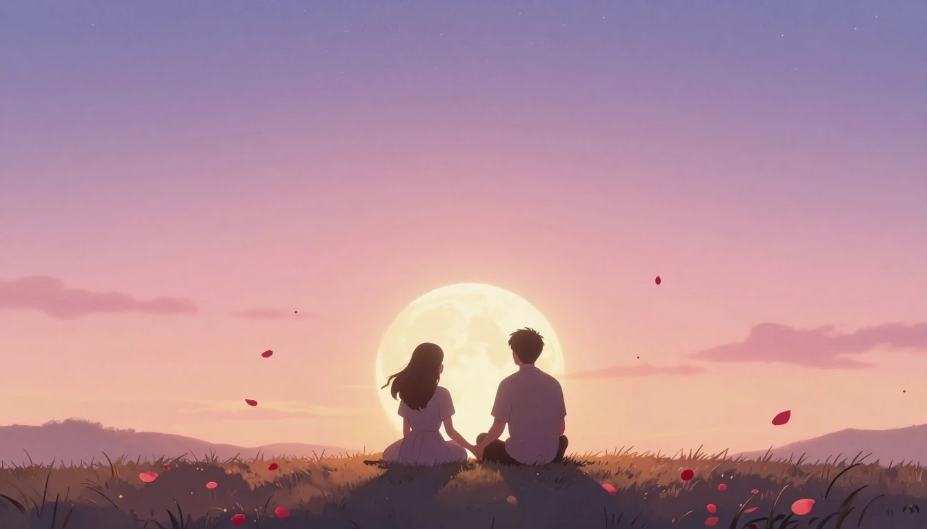 A soft and dreamy composition depicting two silhouettes sitt...