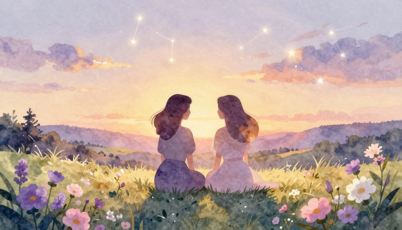 A soft and dreamy watercolor illustration depicting two abst...