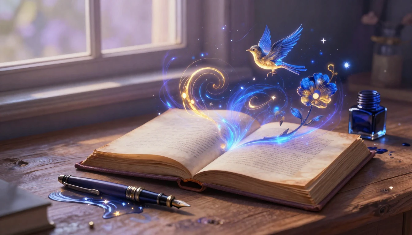 An open antique book resting on a rustic wooden desk near a ...