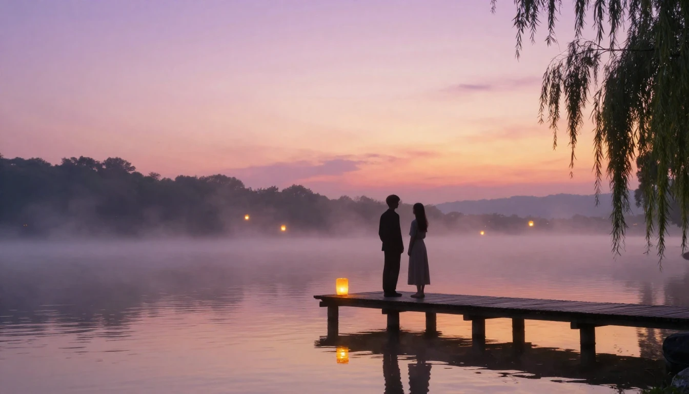 An ethereal and romantic scene featuring two abstract silhou...