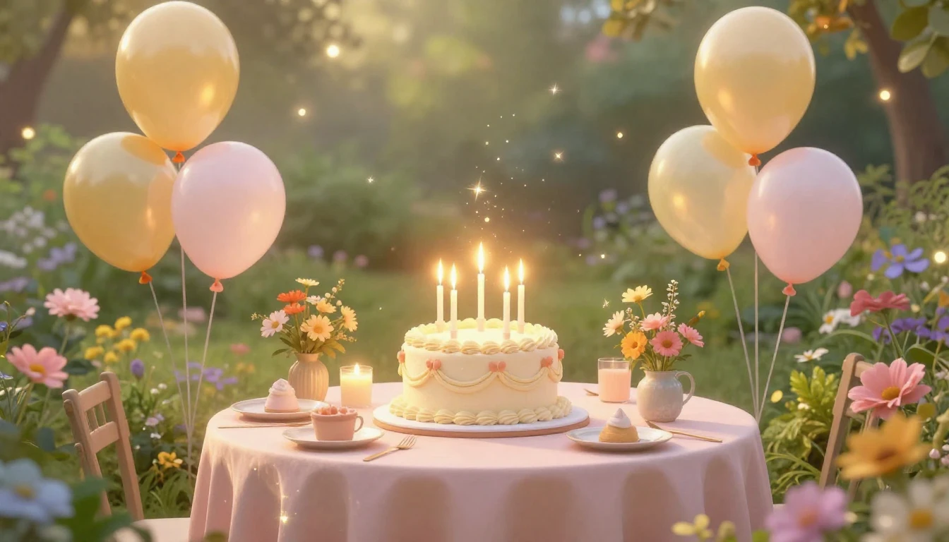 A whimsical and soft birthday celebration scene without any ...