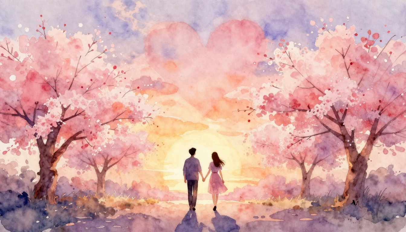 A soft and ethereal watercolor painting depicting a romantic...