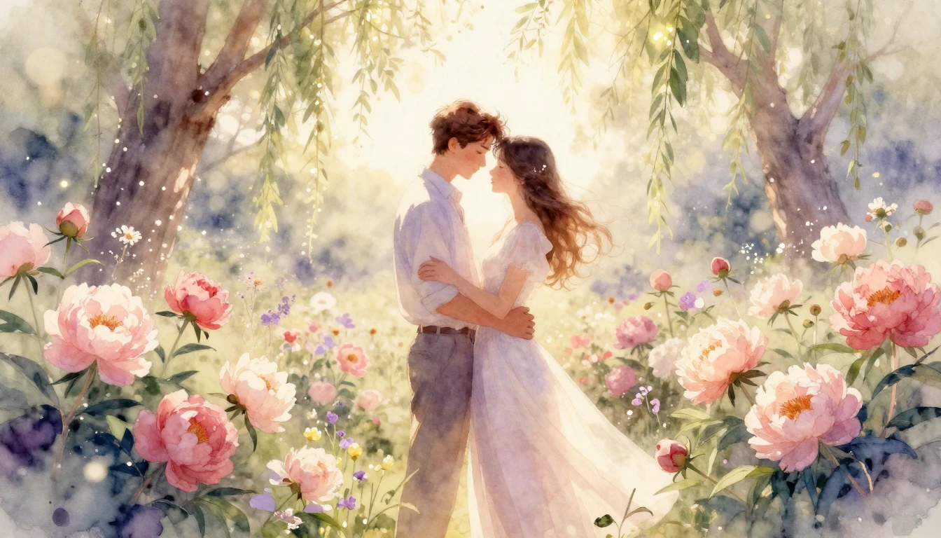 An ethereal and romantic watercolor painting depicting two l...