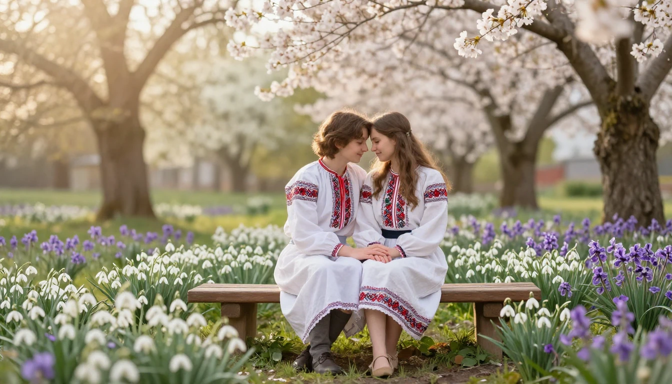 A romantic scene celebrating Dragobete in a lush spring gard...