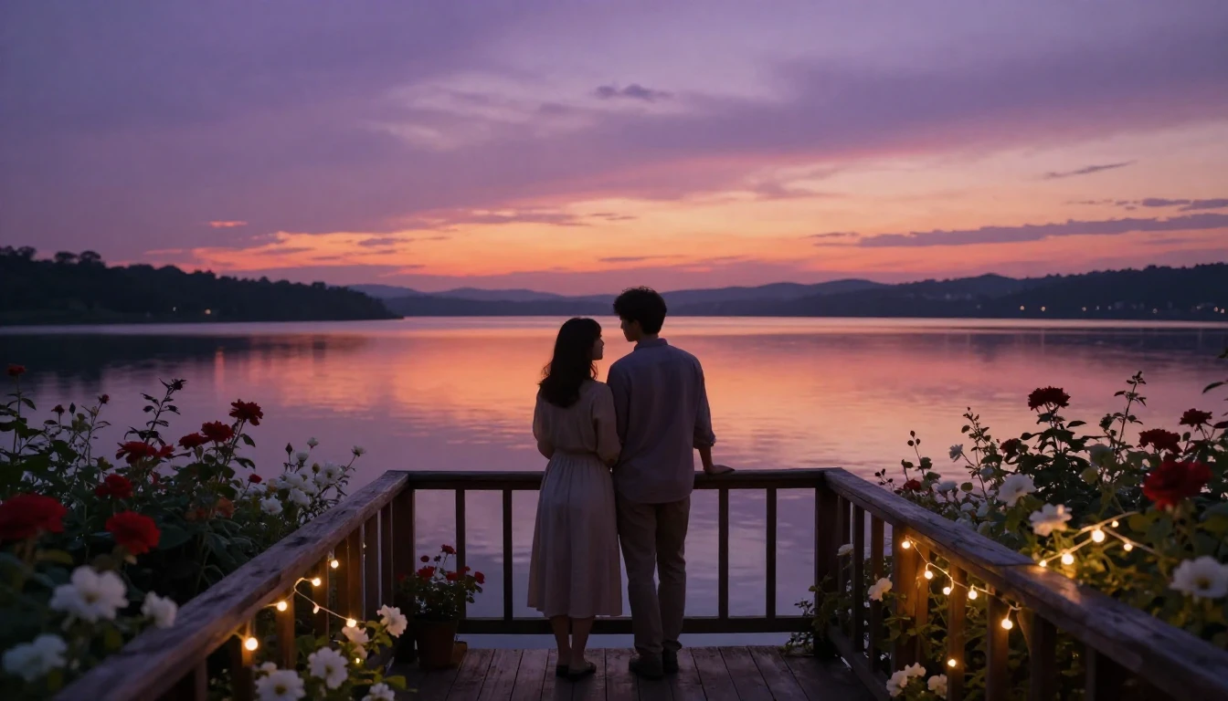 A dreamy and romantic scene depicting a couple standing on a...