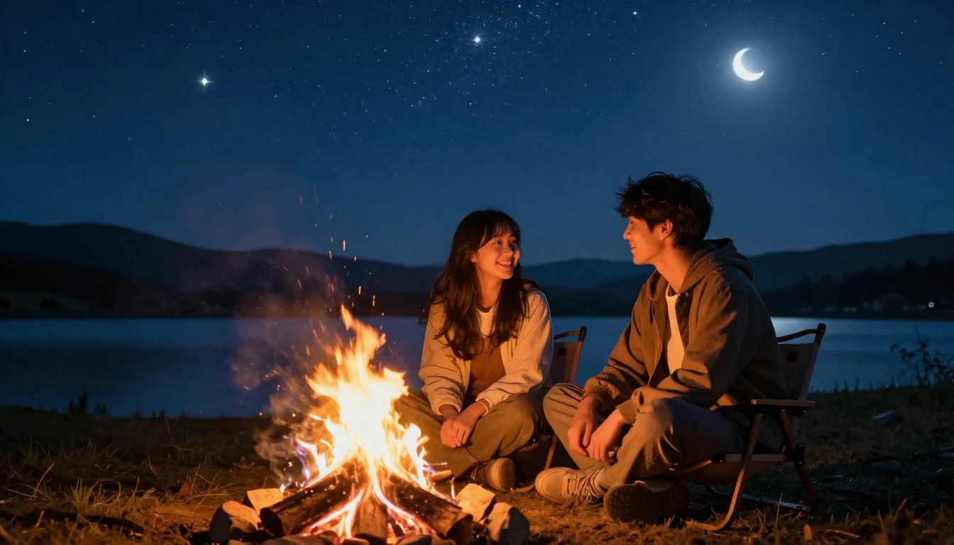 A warm and inviting scene of two friends sitting by a crackl...