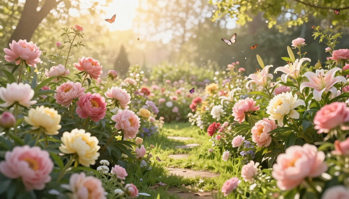 A breathtaking and serene spring garden bathed in golden, wa...