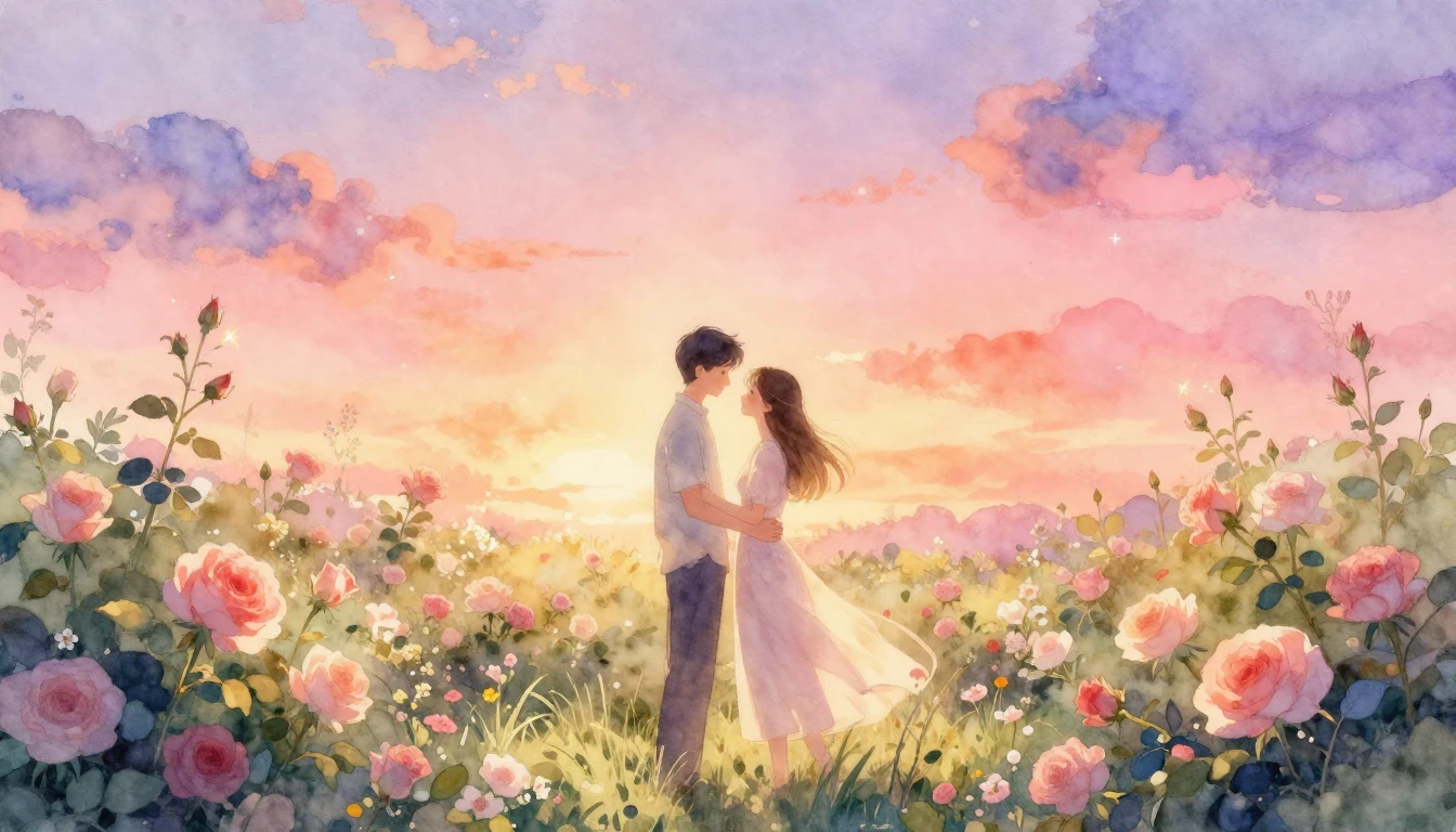 A dreamlike, romantic watercolor illustration of a couple st...