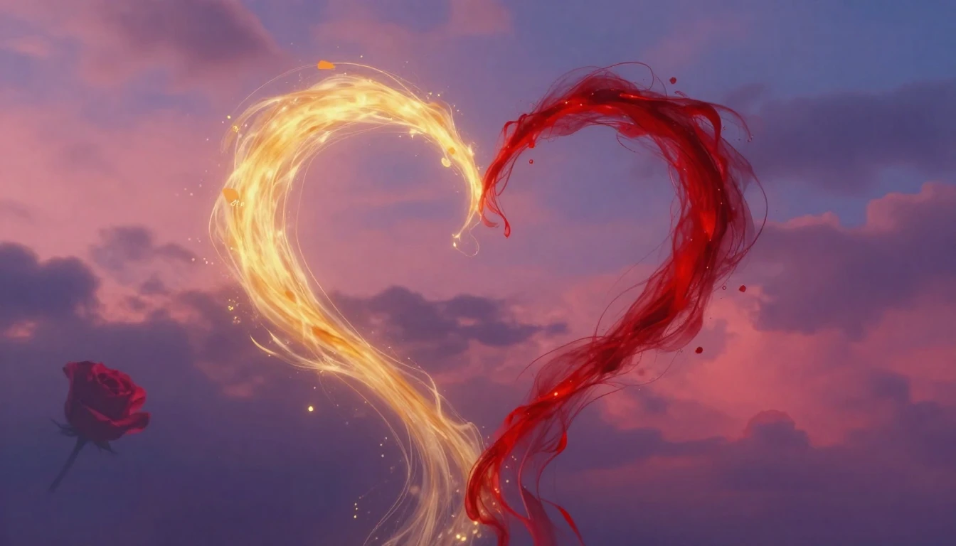 A soft and romantic artistic composition featuring two inter...