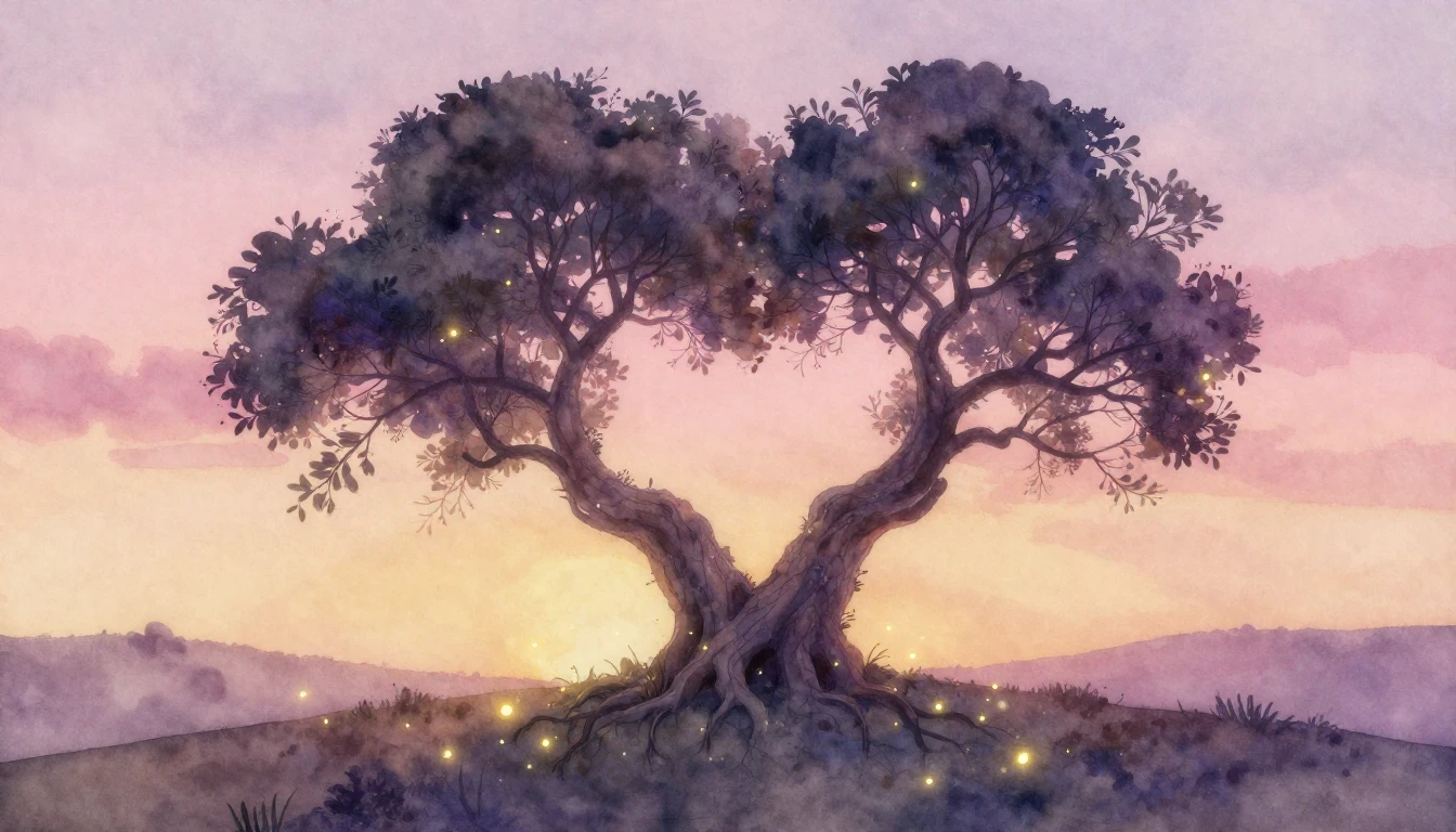 A soft and dreamy watercolor painting of two ancient trees i...