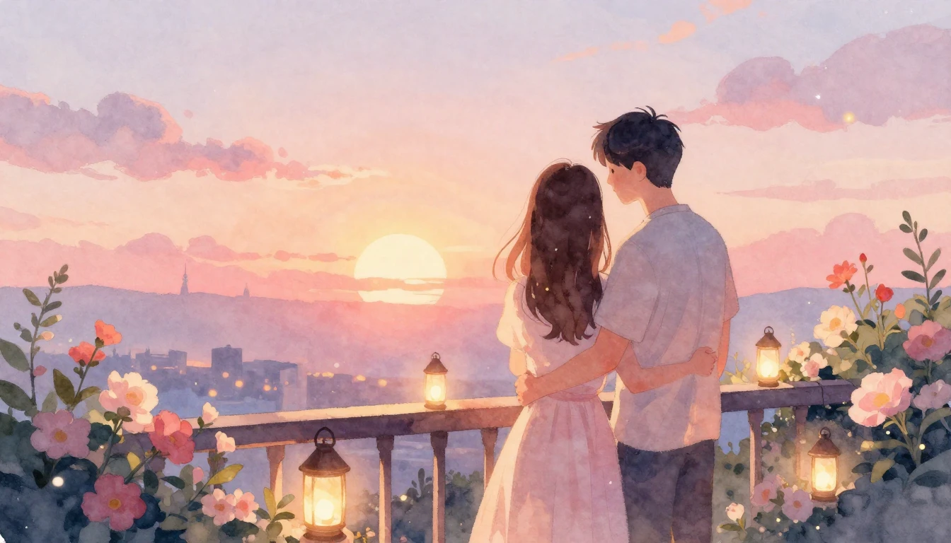 A romantic and dreamy watercolor illustration of a couple st...