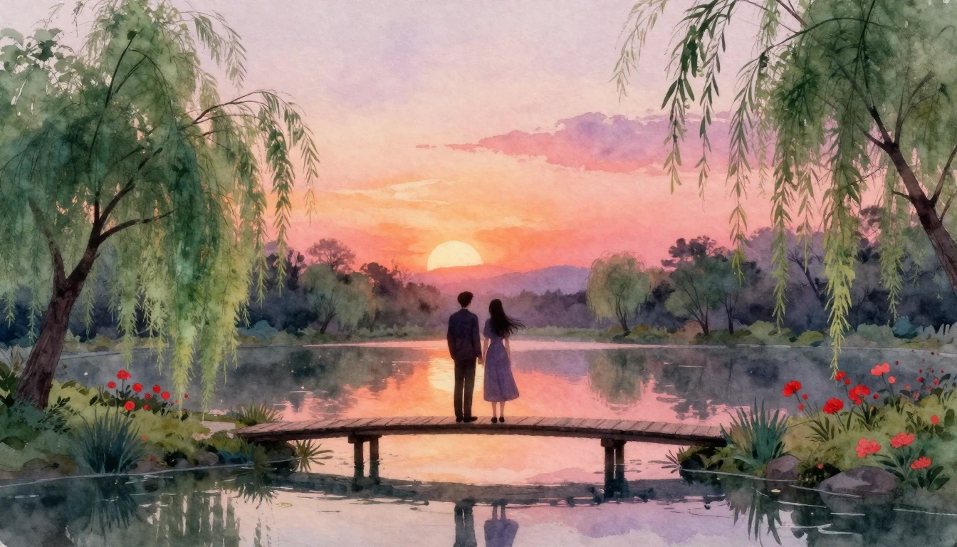 A romantic and atmospheric watercolor illustration of two si...