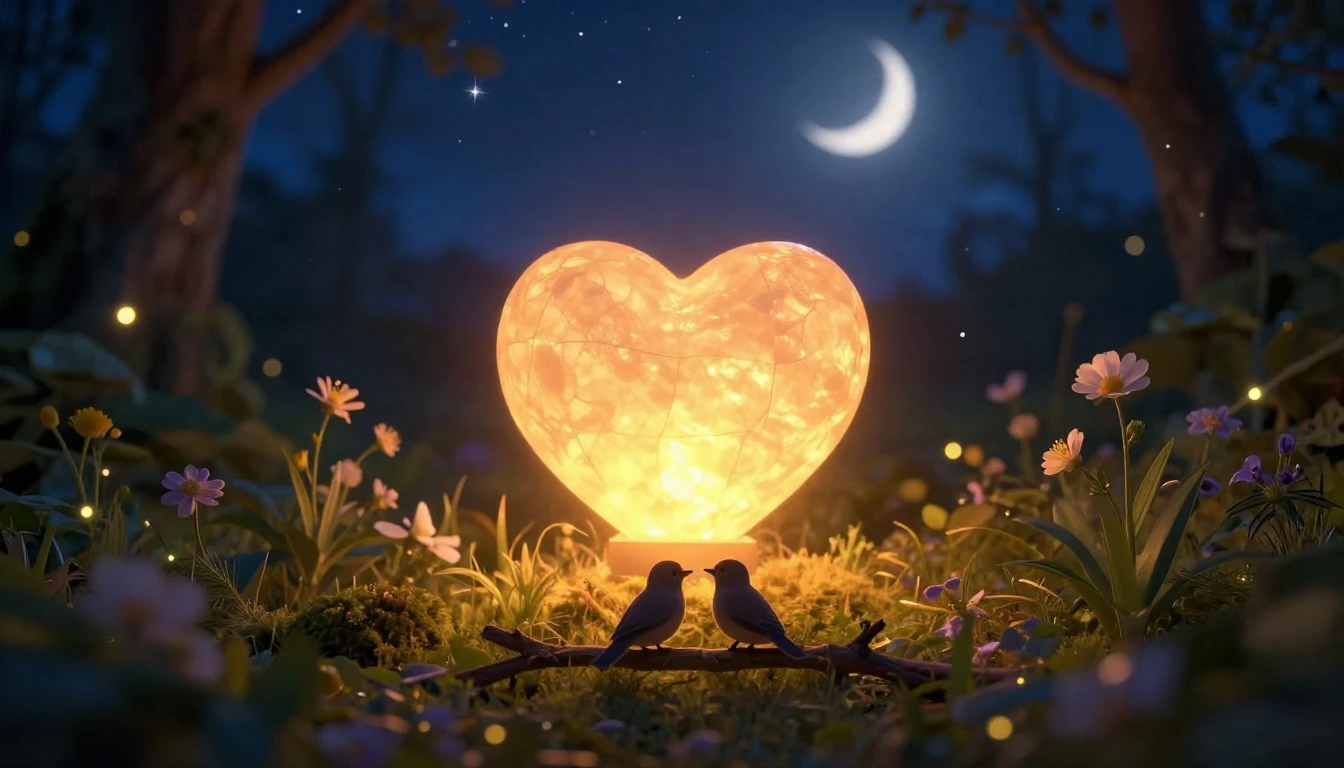 A soft, romantic scene featuring a glowing, floating heart-s...